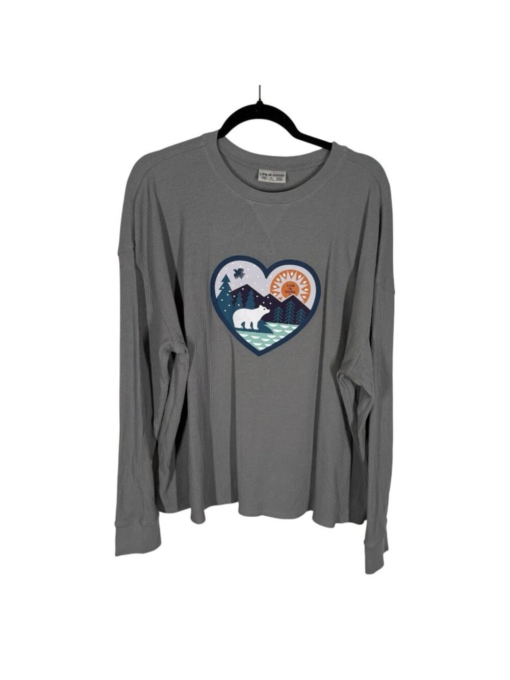 Life is Good Women XL Gray Love Winter Graphic Waffle Knit Long Sleeve Top NWT